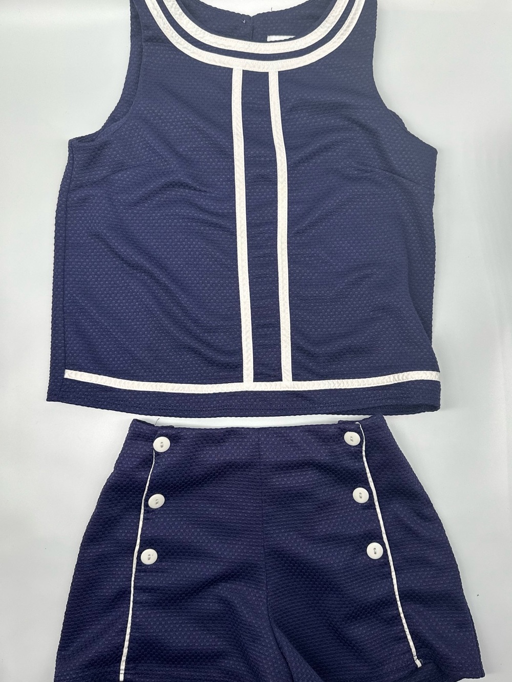 M & S, Navy and White Trim Girls' Short Set - Sleeveless Top & Button Shorts